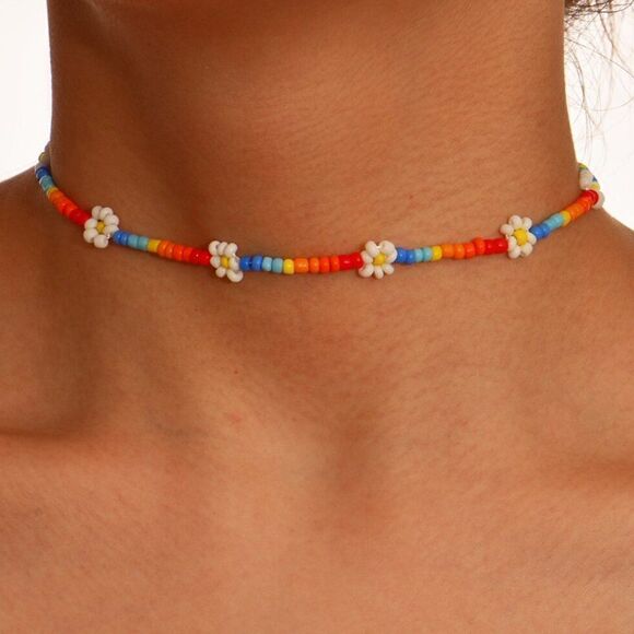 Rainbow Beaded White Daisy Choker Necklace - Picture 3 of 9